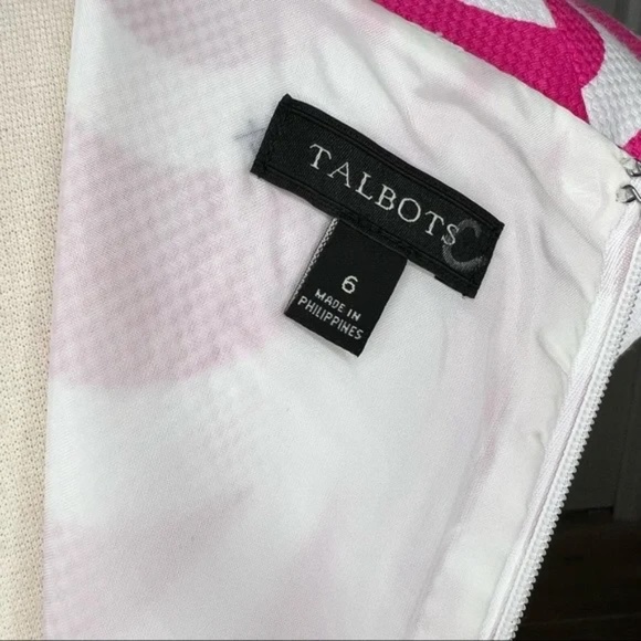 TALBOTS Geo Scallop Cap Sleeve Fit & Flare Pleated Dress Pink/White 6 - Picture 11 of 14